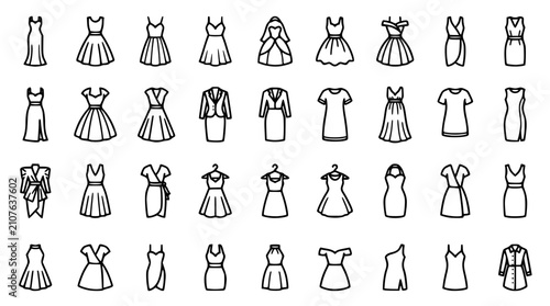 Obraz na płótnie Female Clothing and Dress Line Art Icon Set with Bridal Gown Prom Dress Evening