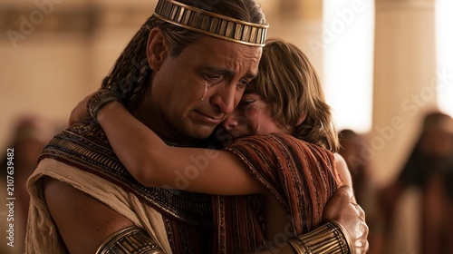 Joseph embracing Benjamin with tears during an emotional reunion between brothers in Egypt.