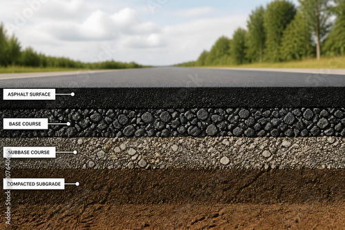 A cross-section diagram illustrating the layers of a road structure from asphalt surface to compacted subgrade.
