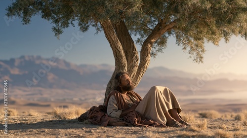 Prophet Elijah resting beneath a broom tree in the wilderness during a moment of exhaustion and solitude.