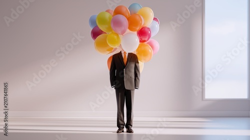 Business suit filled with colorful floating balloons in a minimalist office, creating a surreal contrast between corporate professionalism and playful creativity.