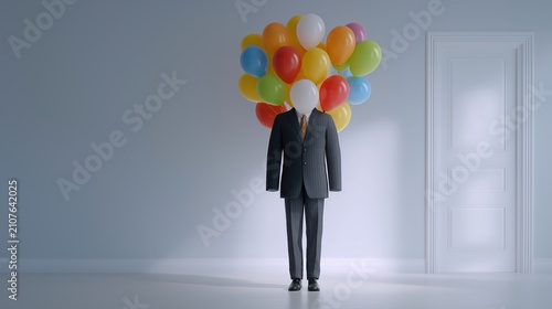 Business suit filled with colorful floating balloons in a minimalist office, creating a surreal contrast between corporate professionalism and playful creativity.