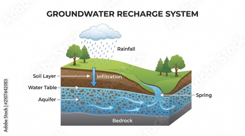Educational vector illustration of groundwater recharge system showing water cycle infiltration and aquifer layers