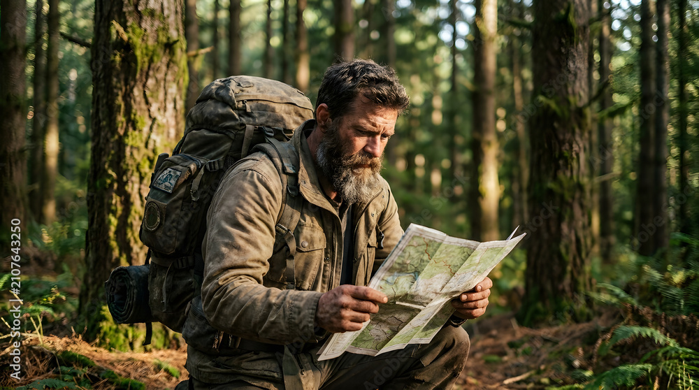 Fototapeta premium A bearded man wearing a backpack and outdoor jacket crouches in a dense forest, intently studying a paper map for navigation.