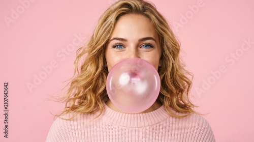 Playful young blonde woman with bright blue eyes blowing a large pink bubble gum bubble while wearing a cozy pink sweater against a solid pink backdrop, capturing a fun and youthful spirit today here.