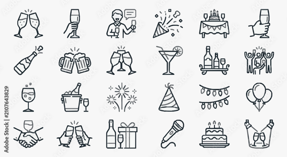 Fototapeta premium Modern Black and White Line Icons Set Featuring Celebration Party Drinks Toasts and Festive Elements