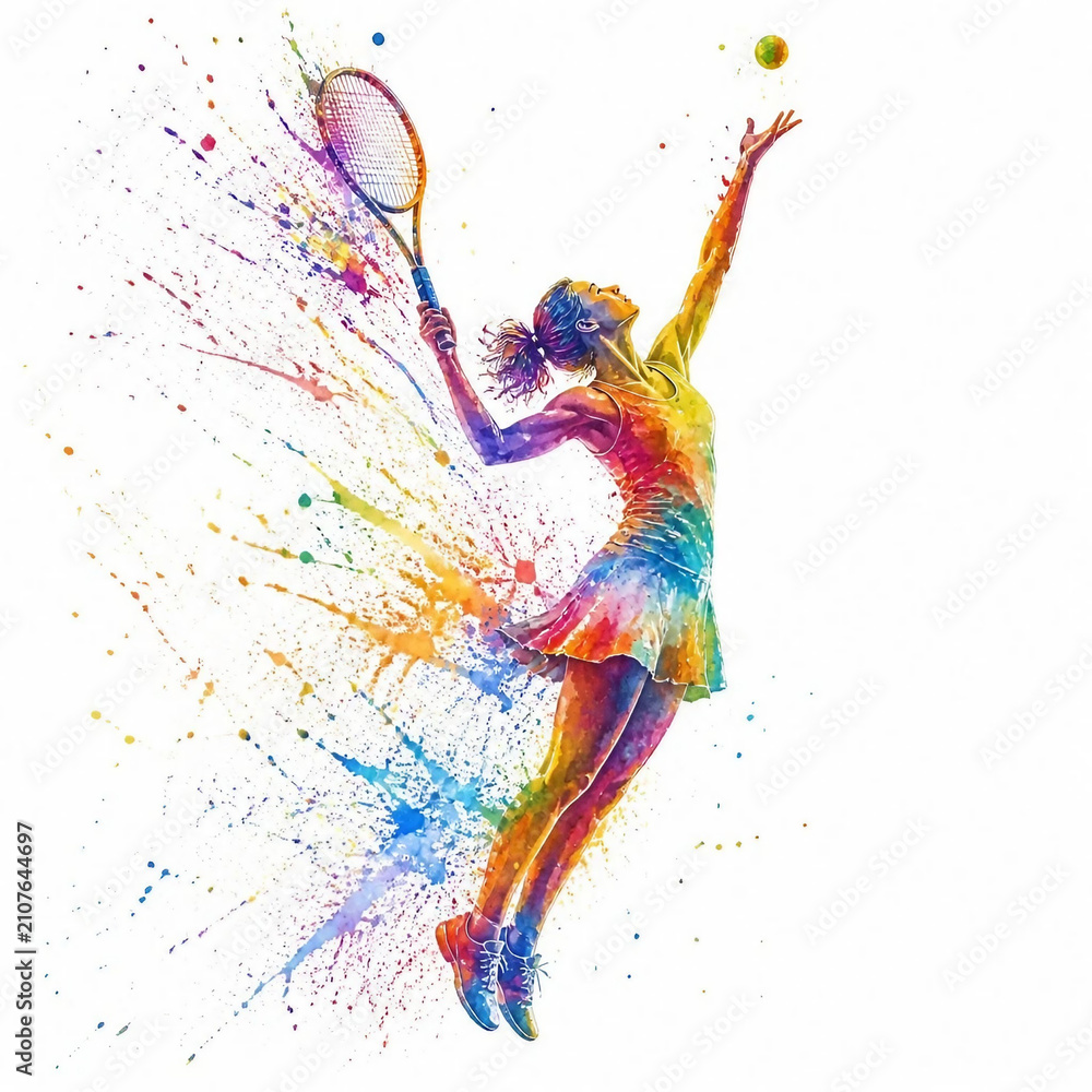 Obraz premium Colorful tennis player silhouette. A flat color image of a woman playing tennis consisting of spots, splashes and drips of paint.