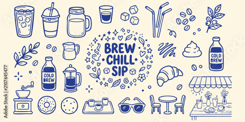 Billede på lærred Hand-drawn coffee shop elements with brew chill sip text during morning light fo