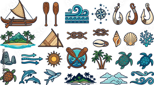 Foto Polynesian tribal style ocean adventure vector set with hand drawn outrigger can