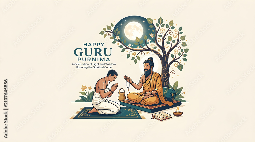 Naklejka premium Guru Purnima Vector Illustration with Disciple Kneeling and Praying to Spiritual Teacher Under Banyan Tree