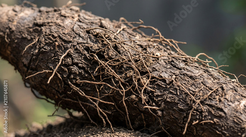 Close up of a thick textured root with fine rootlets resting on soil