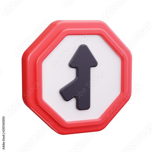 Fotografie Red octagonal traffic sign with a black directional arrow 3d render on transpare