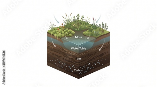 Isometric cross section diagram of a peatland bog ecosystem illustrating carbon storage, soil layers, moss vegetation, and water table levels