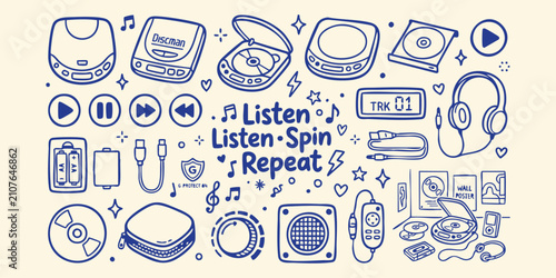 Foto Portable CD players and audio accessories arranged in a playful doodle pattern w