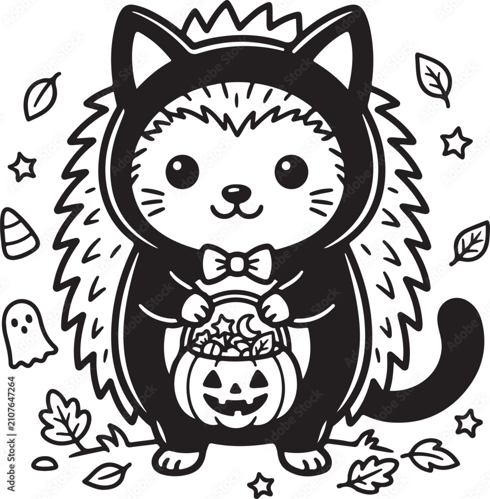 Fototapeta premium Cute hedgehog in cat costume. Halloween coloring page for kids with pumpkin candy bucket., Generative Ai