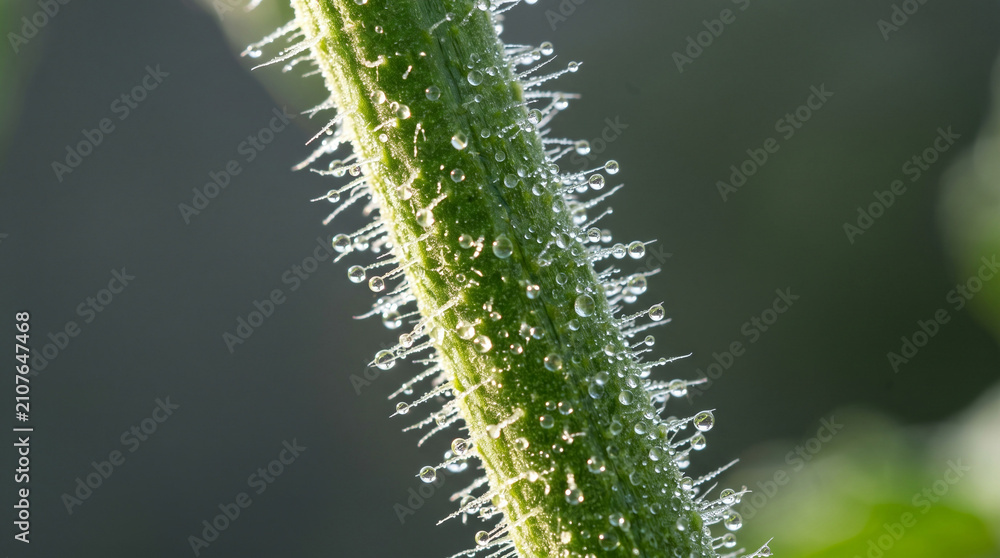 Fototapeta premium Extreme macro of water droplets on a hairy green plant stem