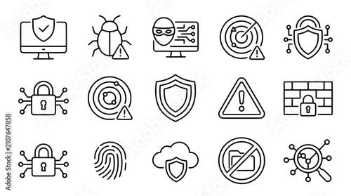 Obraz na płótnie Cyber Security and Network Privacy Line Art Icon Set with Firewall Shield Padloc
