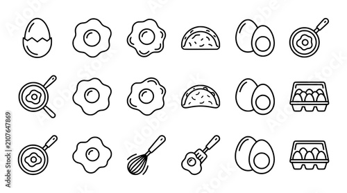 Fotografie Breakfast Eggs and Cooking Utensils Line Art Icon Set with Fried Egg Omelet Boil