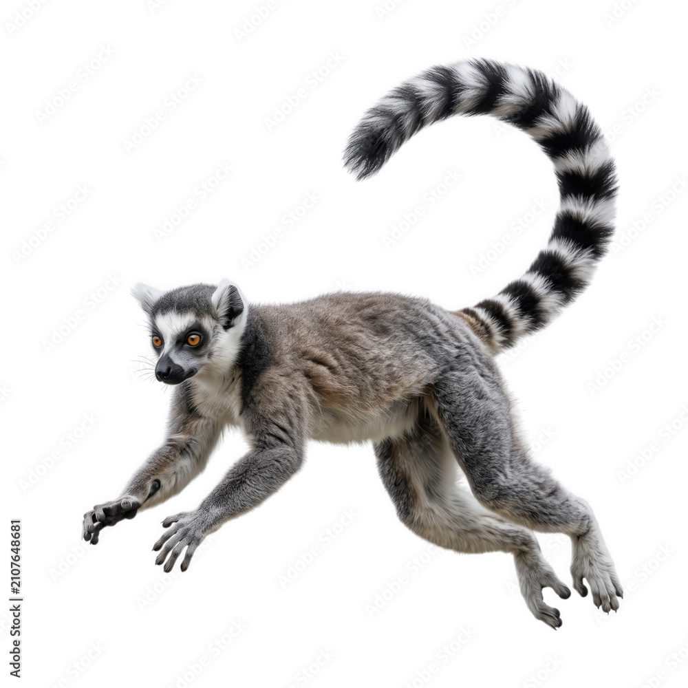Fototapeta premium Ring-tailed Lemur Mid-Leap Isolated on White Background