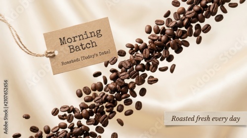 Premium roasted coffee beans flying across a soft beige fabric background with a morning batch kraft paper tag and fresh labels, perfect for artisanal cafe branding or coffee shop promotional designs.
