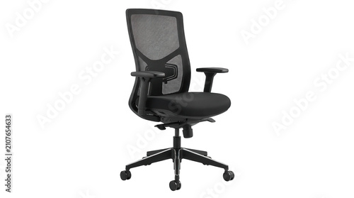 Modern black ergonomic office chair with mesh backrest and adjustable armrests for comfortable professional desk work isolated on transparent background