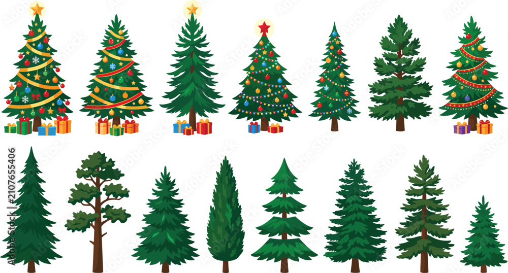 Obraz premium Collection of Decorated Christmas Trees with Gifts and Realistic Evergreen Pine Fir Forest Trees Vector Illustration Set