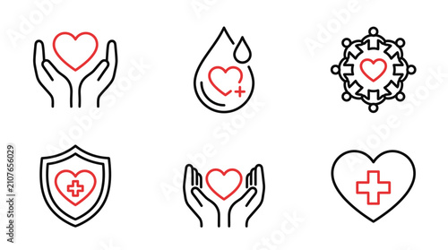 Healthcare and charity line icons for community support and medical assistance in minimalist vector style for non-profit organizations