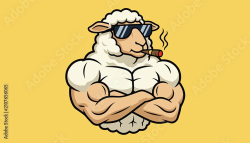 Cool muscular white sheep wears black sunglasses and smokes a lit cigar with a confident smirk on a yellow background.