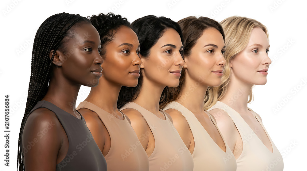 Obraz premium Five women diverse skin tones and hair styles studio portrait diversity