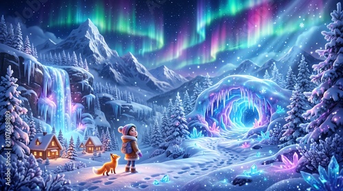 Child and fox explore a luminous ice cave in a magical snow-covered mountain landscape, illuminated by a vibrant aurora borealis and glowing winter trees
