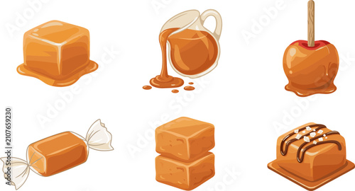Sweet Caramel Sweets and Confectionery Vector Set Featuring Caramel Cube Sauce Pitcher Candy Apple Wrapped Toffee Fudge and Chocolate Drizzled Brownie Elements