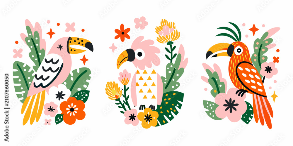 Obraz premium Tropical Parrots And Plants Colorful Vector Illustration