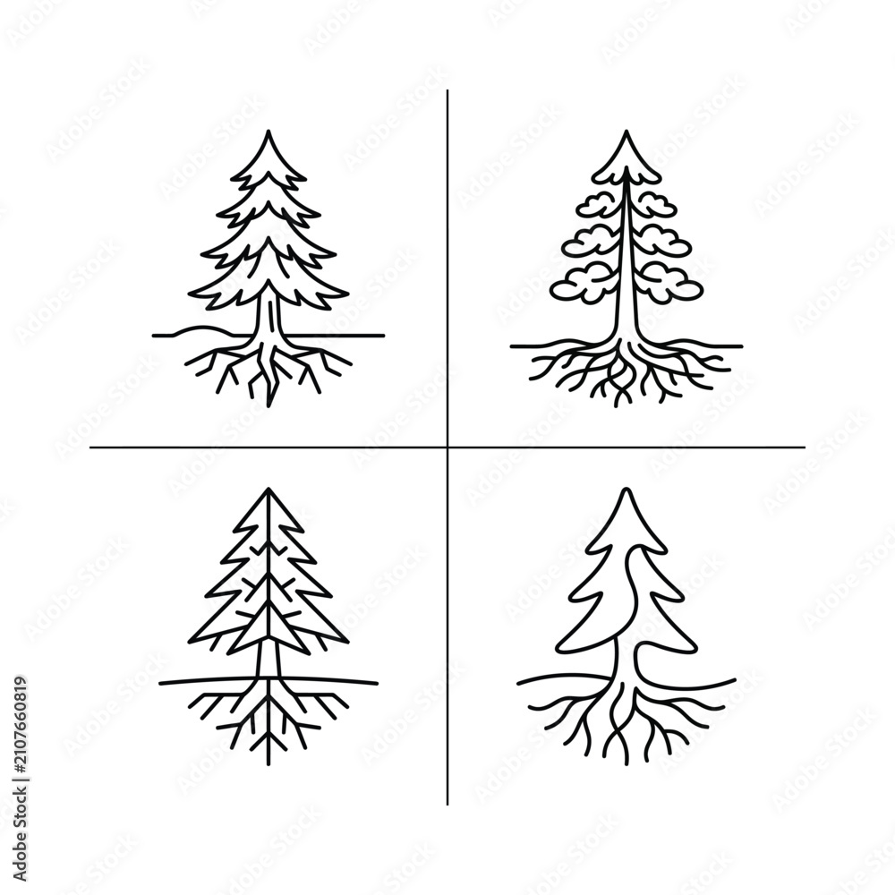 Obraz premium Four distinct illustrations of trees with roots, showcasing various styles and shapes