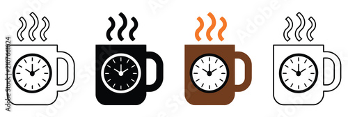 Coffee Time Illustration Featuring Four Colorful Coffee Mugs with Clock Faces, Rising Steam, Morning Routine, and Hot Beverage Vector Illustration