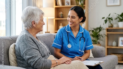 Smiling female nurse in blue uniform provides compassionate home healthcare to a senior woman sitting on a sofa, representing professional medical support and elder care services in bright home