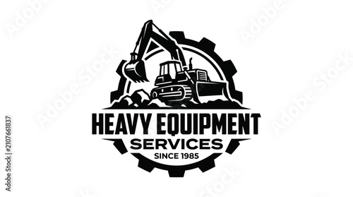 Heavy equipment excavator logo in industrial gear emblem.