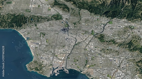 Satellite View of Los Angeles Urban Sprawl and Coastline.