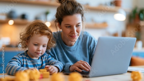 Happy mother working from home while her little toddler plays with toys