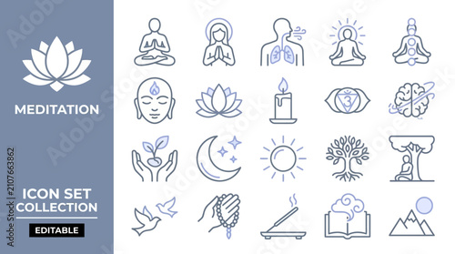 Meditation Icon Set Collection with Lotus and Spiritual Symbols