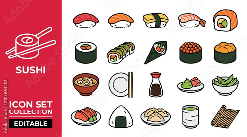 Sushi Icon Set Collection Editable