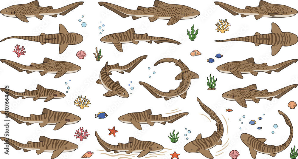 Obraz premium Zebra Shark and Leopard Shark Vector Illustration Pack with Coral Reef Elements for Marine Biology Education, Aquarium Signage, and Ocean Conservation Graphics