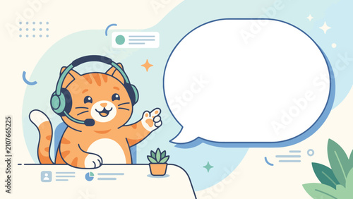 Cute flat vector illustration of a friendly orange tabby cat wearing a customer service headset, sitting at a desk, and pointing at a large blank speech bubble for text.