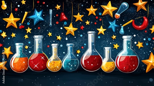 Magical Science Lab Illustration with Colorful Potions and Stars