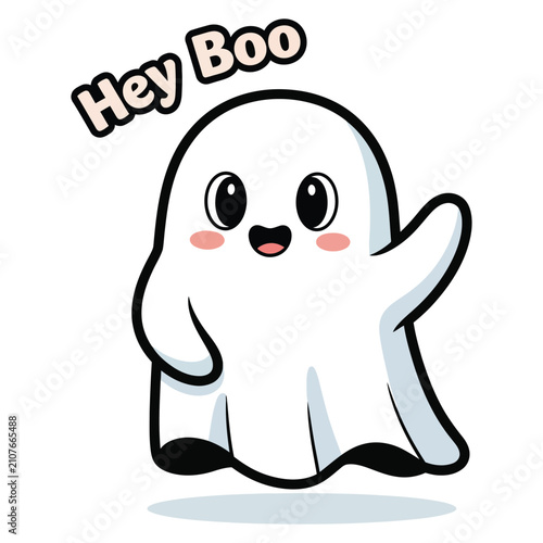 Canvas Print Cute ghost character waving hand quote hey boo halloween vector clipart