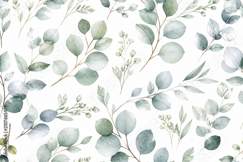 A seamless pattern of delicate eucalyptus and leafy branches on a white background.