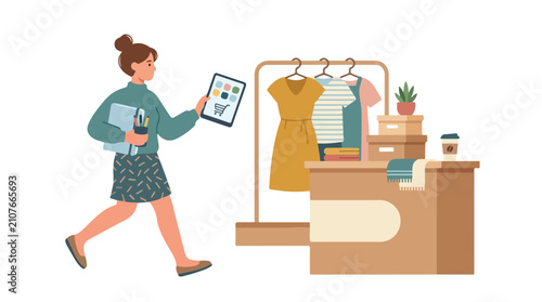 Foto A young woman manages her small fashion business, balancing digital shopping with physical inventory in a stylish studio setting