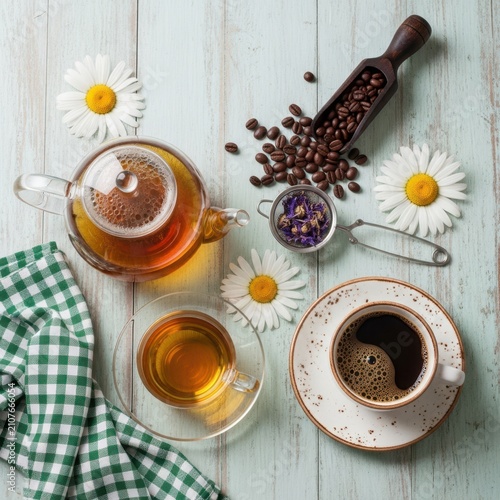 Beautiful flat lay arrangement of glass teapot with tea and ceramic cup of black coffee accompanied by roasted coffee beans daisy flowers and a green checkered napkin on a light rustic wooden surfaces