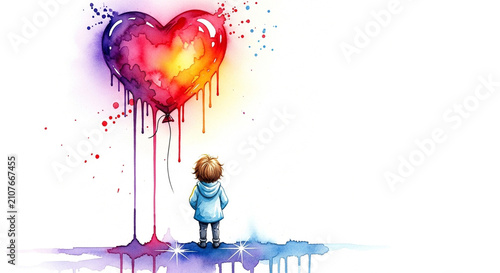Child looking at a colorful heart. Watercolor painting of a kid and a melting heart symbol.