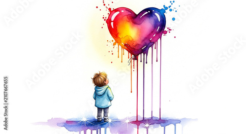 Child looking at a colorful melting heart. Little boy observing a vibrant watercolor love symbol.