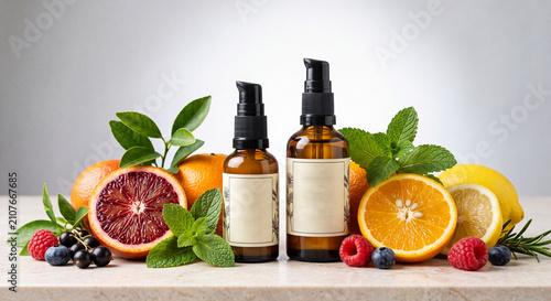 Natural Cosmetic Spray Bottles with Citrus Fruits and Green Leaves
